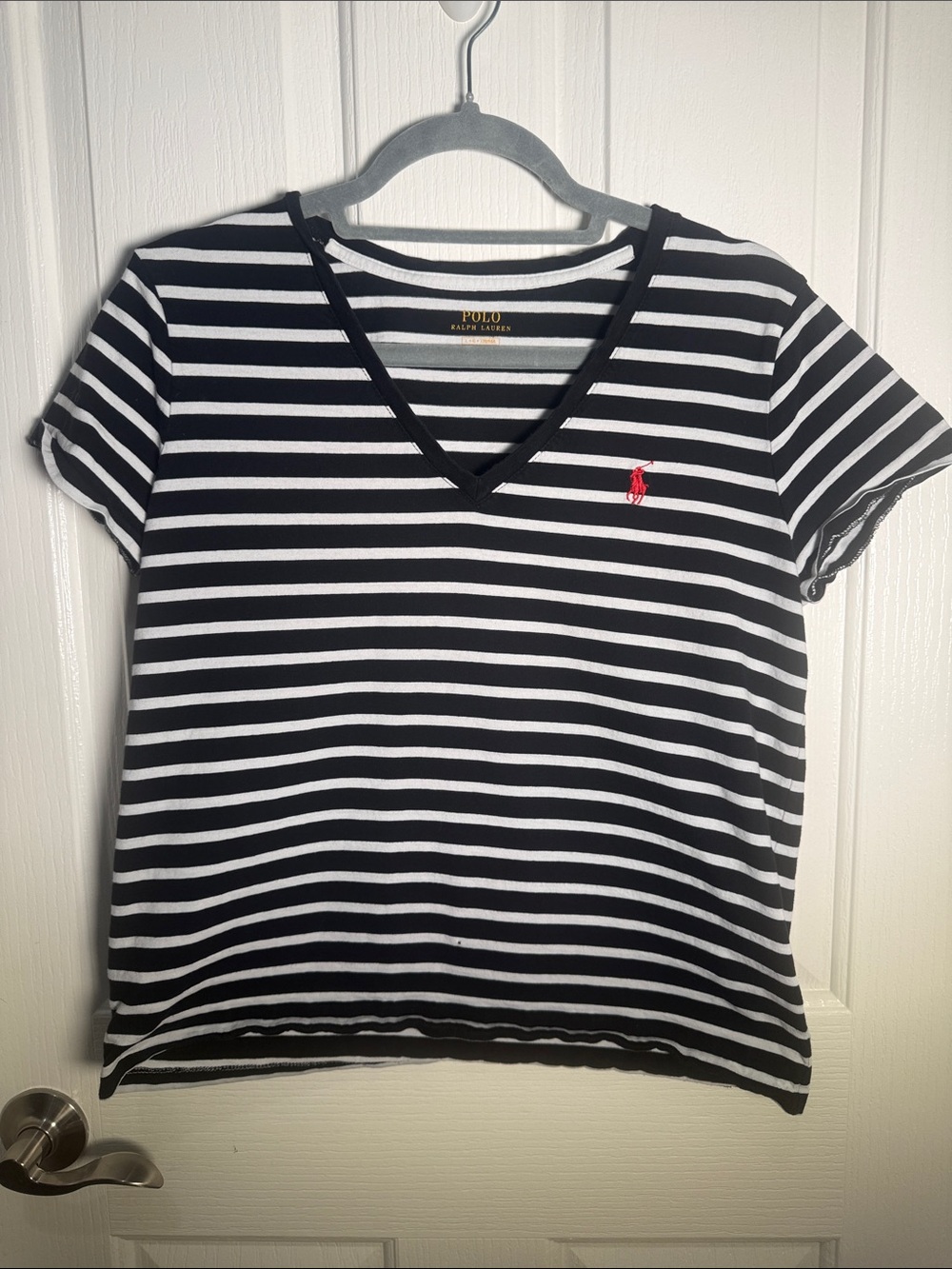 Polo by Ralph Lauren Black & White Striped V-Neck Short Sleeve Tee with Red Pony